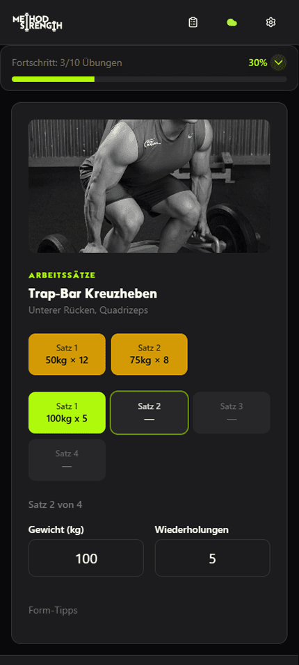 Aktives Workout-Tracking mit Satz-Logging — optimiert für die Nutzung im Gym